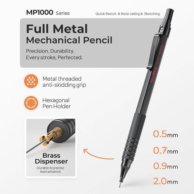 Nicpro 45PCS Black & Silver Metal Mechanical Pencil Set in Leather Case, Art Drafting Pencil 0.5, 0.7, 0.9 mm, 2mm Lead Holders for Sketching Drawing With 27 Tube (6B 4B 2B HB 2H 4H Colors)Lead Refill - Image 4